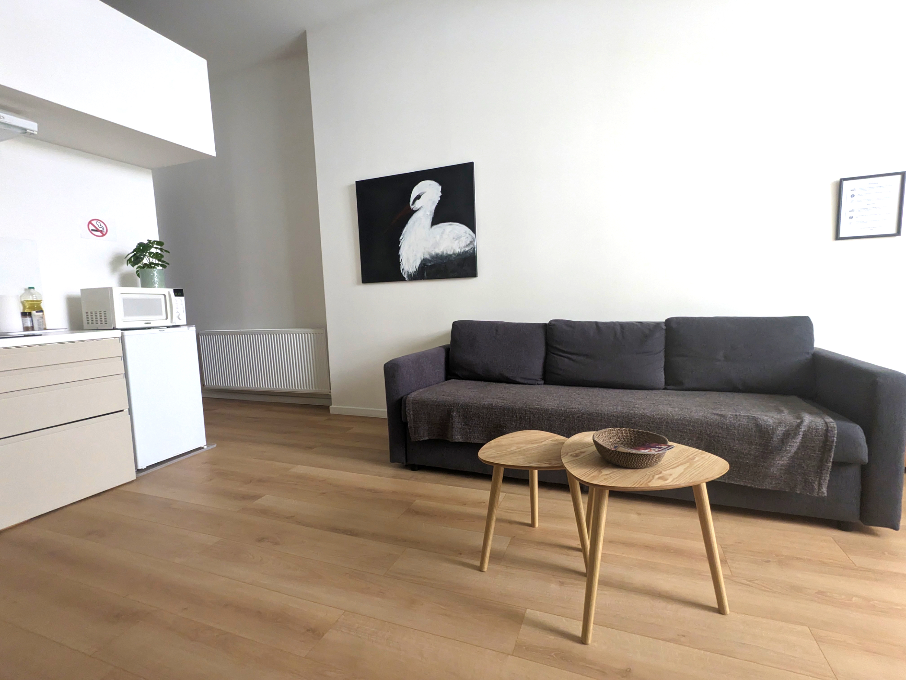 Séjour avec canapé et espace détente, Studio Blanc B&B Bordeaux Saint Michel
