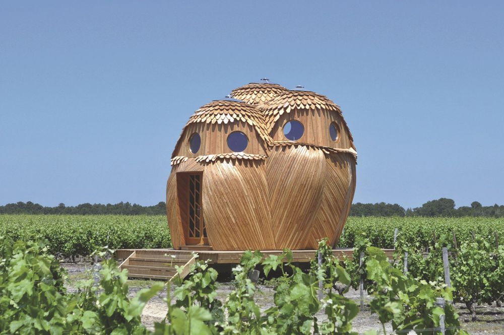 Pavillon en bois en forme d'œuf au cœur d'un vignoble bordelais