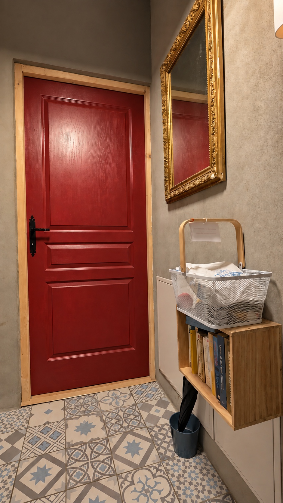 Panier de petit-déjeuner déposé devant la porte d'un studio